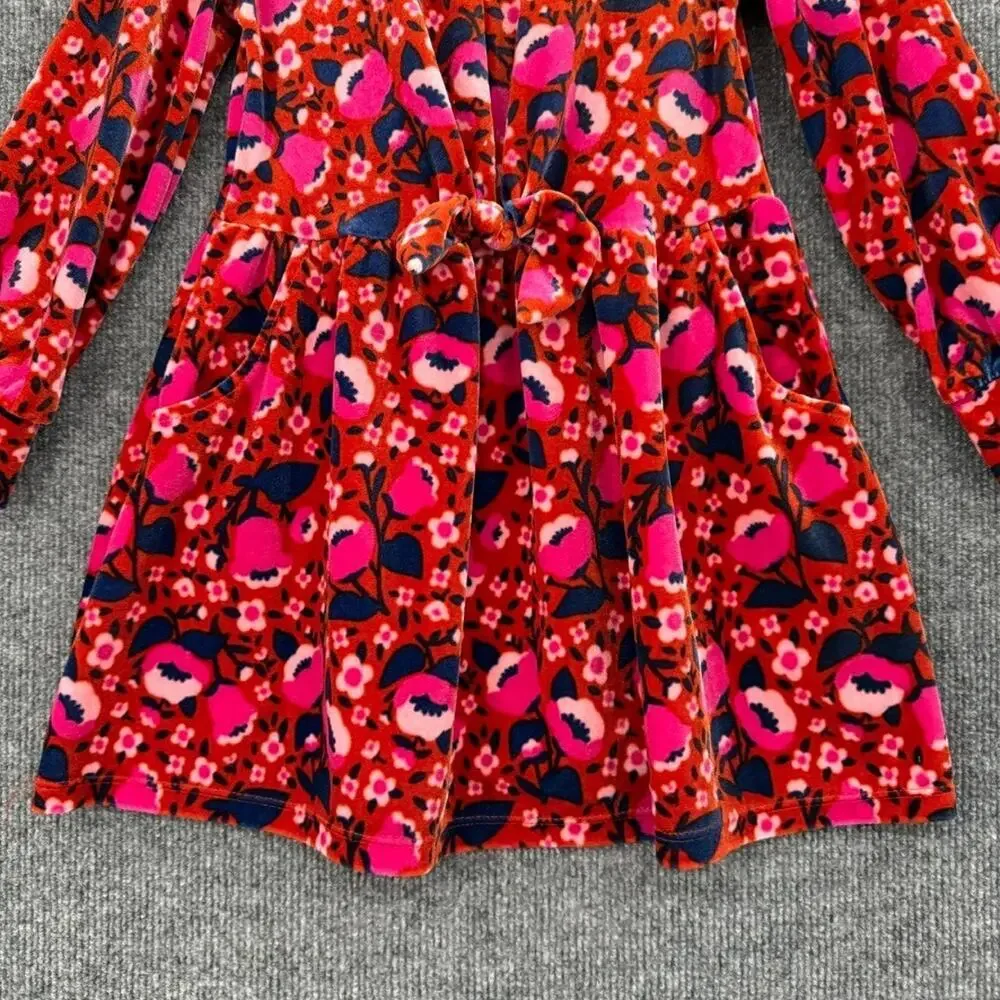 Cat & jack Girls Floral Velour Dress Size 5T Burnt Orange Pink Bow Pockets